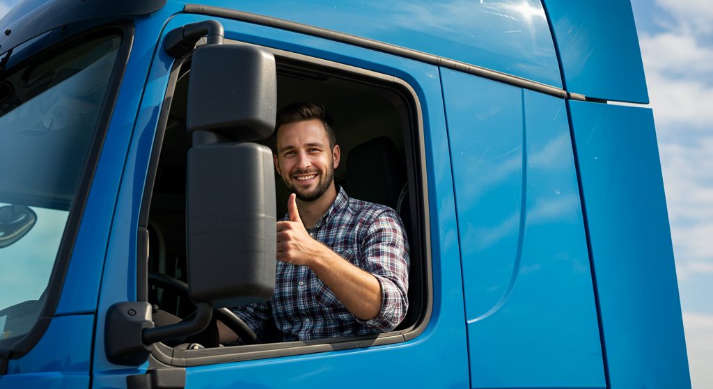 el conductor del camion sonriente dando pulgares hacia arriba desde la ventana de una naturaleza de camion semi azul